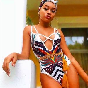 B Fyne Tribal Print Tie Waist One Piece Swimsuit XS